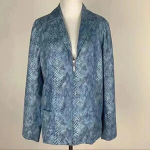 Susan Graver jacket size M blue faux leather snakeskin print vegan with pockets